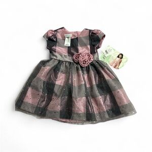 Bonnie Jean Pink and Gray Checkered Dress with Rosette